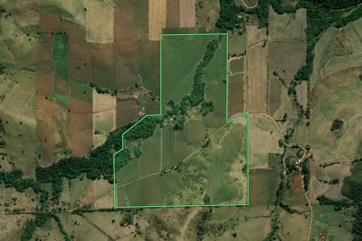 Imagem de satélite do imóvel rural em Bandeirantes (PR), com o contorno declarado no CAR desenhado por cima.