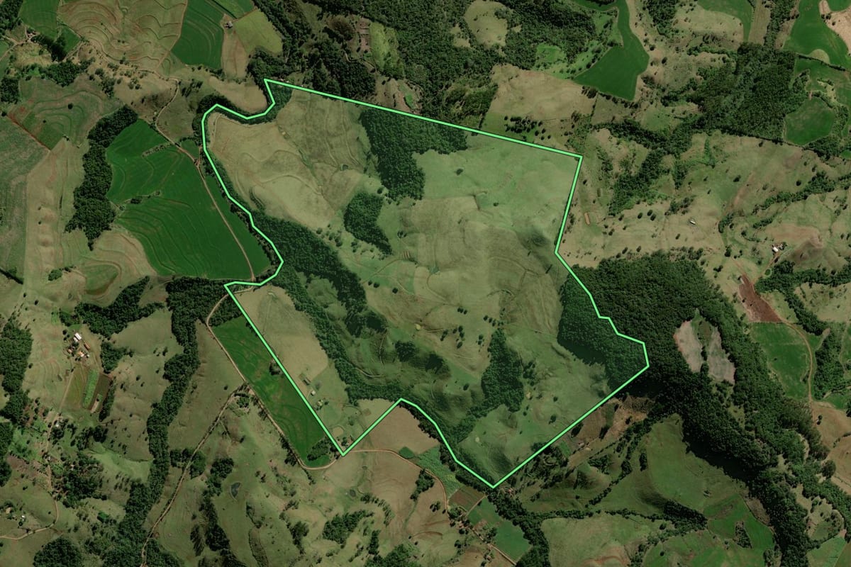 Imagem de satélite do imóvel rural em Barbosa Ferraz (PR), com o contorno declarado no CAR desenhado por cima.