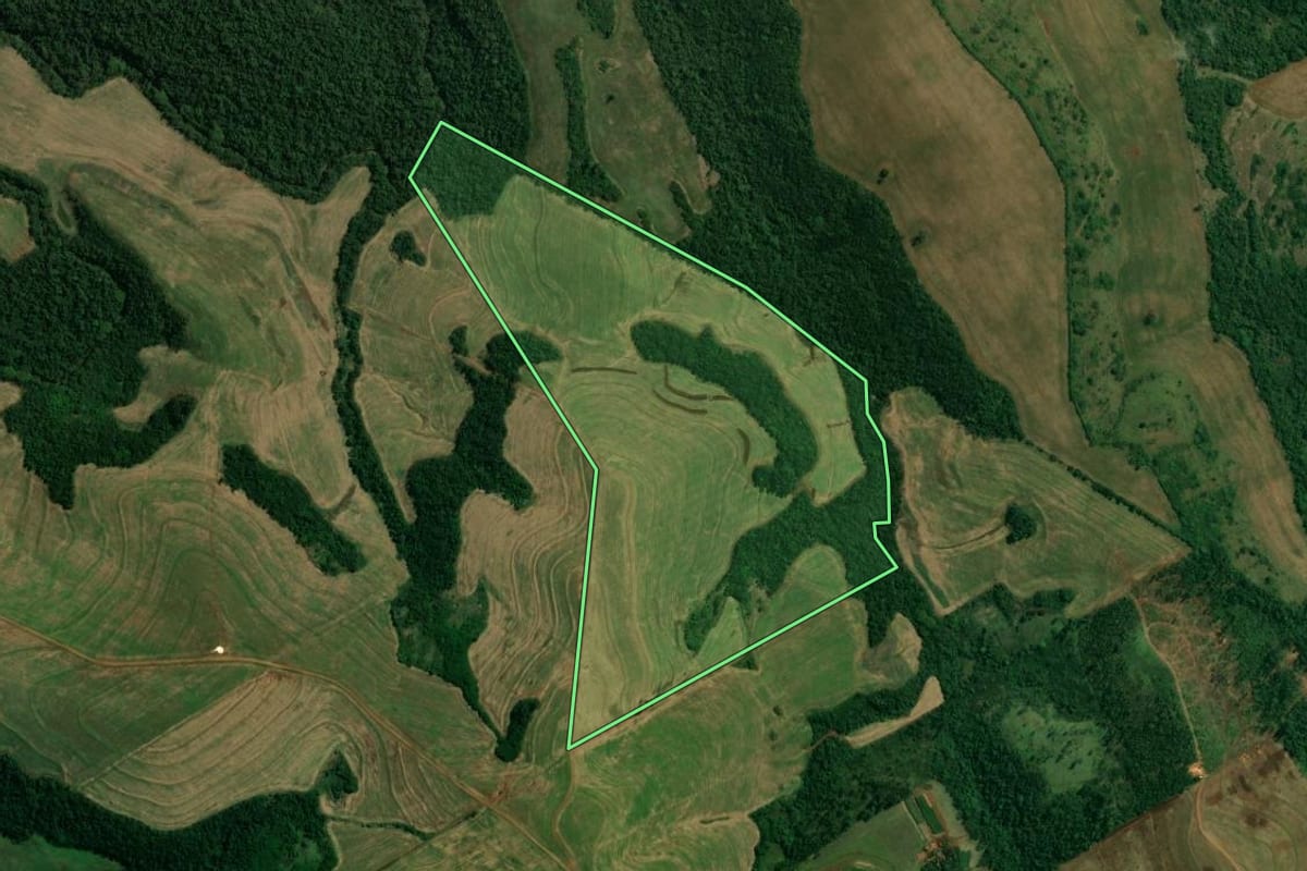 Imagem de satélite do imóvel rural em Barbosa Ferraz (PR), com o contorno declarado no CAR desenhado por cima.