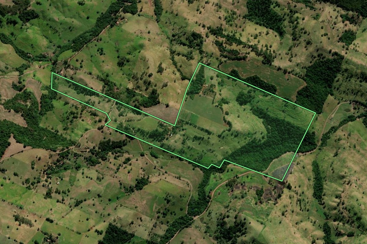 Imagem de satélite do imóvel rural em Barbosa Ferraz (PR), com o contorno declarado no CAR desenhado por cima.