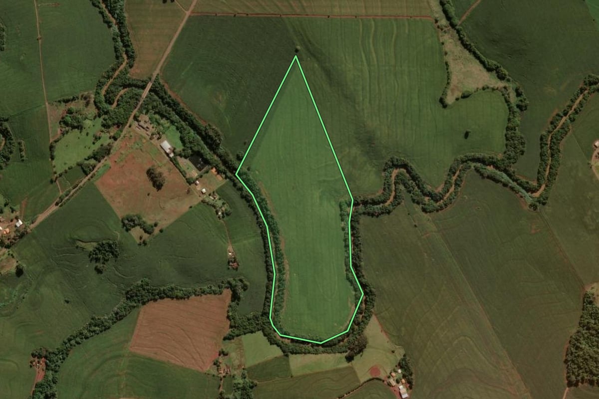 Imagem de satélite do imóvel rural em Barbosa Ferraz (PR), com o contorno declarado no CAR desenhado por cima.