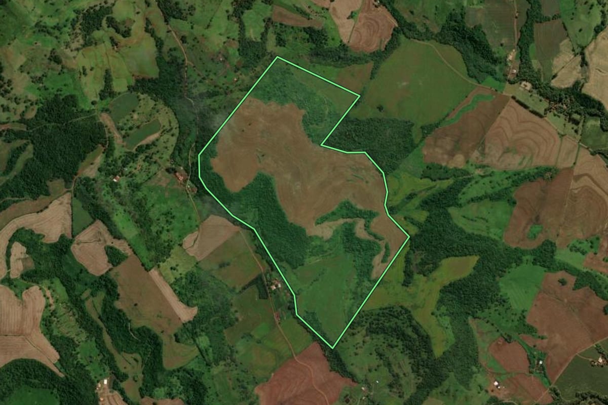 Imagem de satélite do imóvel rural em Barbosa Ferraz (PR), com o contorno declarado no CAR desenhado por cima.