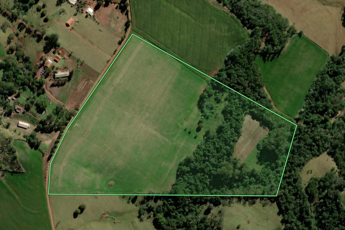 Imagem de satélite do imóvel rural em Barbosa Ferraz (PR), com o contorno declarado no CAR desenhado por cima.