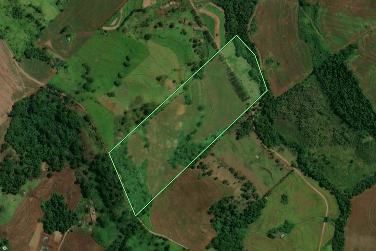 Imagem de satélite do imóvel rural em Barbosa Ferraz (PR), com o contorno declarado no CAR desenhado por cima.