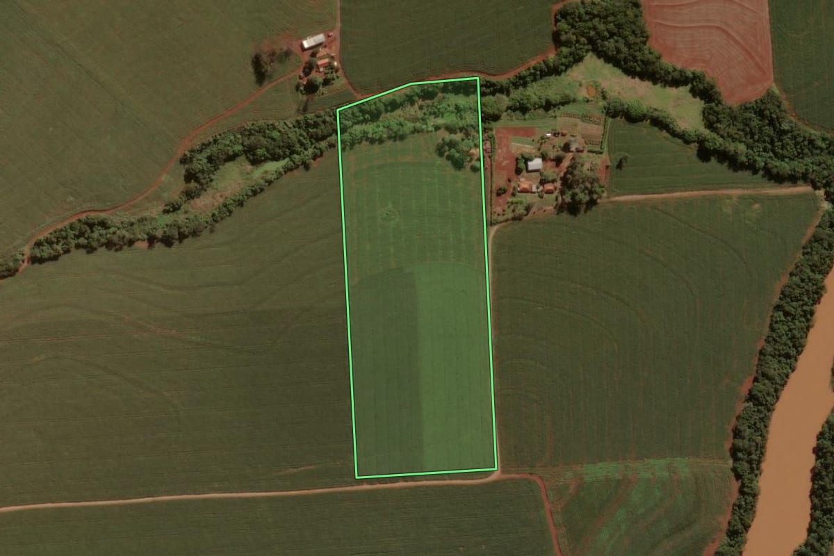 Imagem de satélite do imóvel rural em Barbosa Ferraz (PR), com o contorno declarado no CAR desenhado por cima.