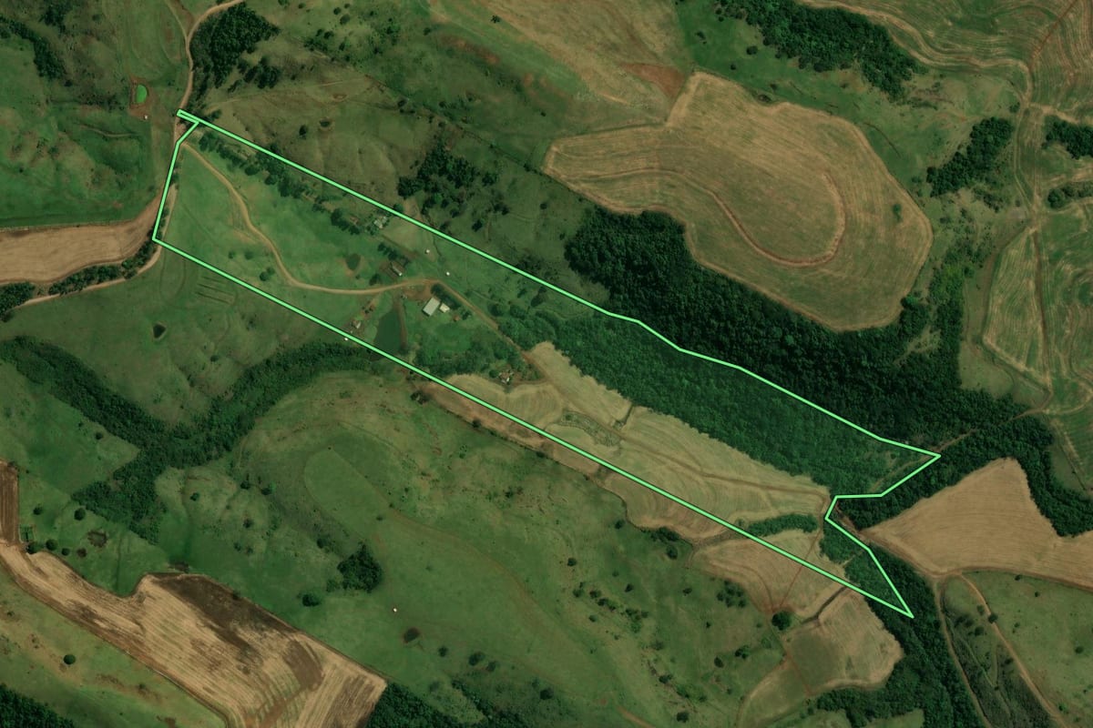 Imagem de satélite do imóvel rural em Barbosa Ferraz (PR), com o contorno declarado no CAR desenhado por cima.