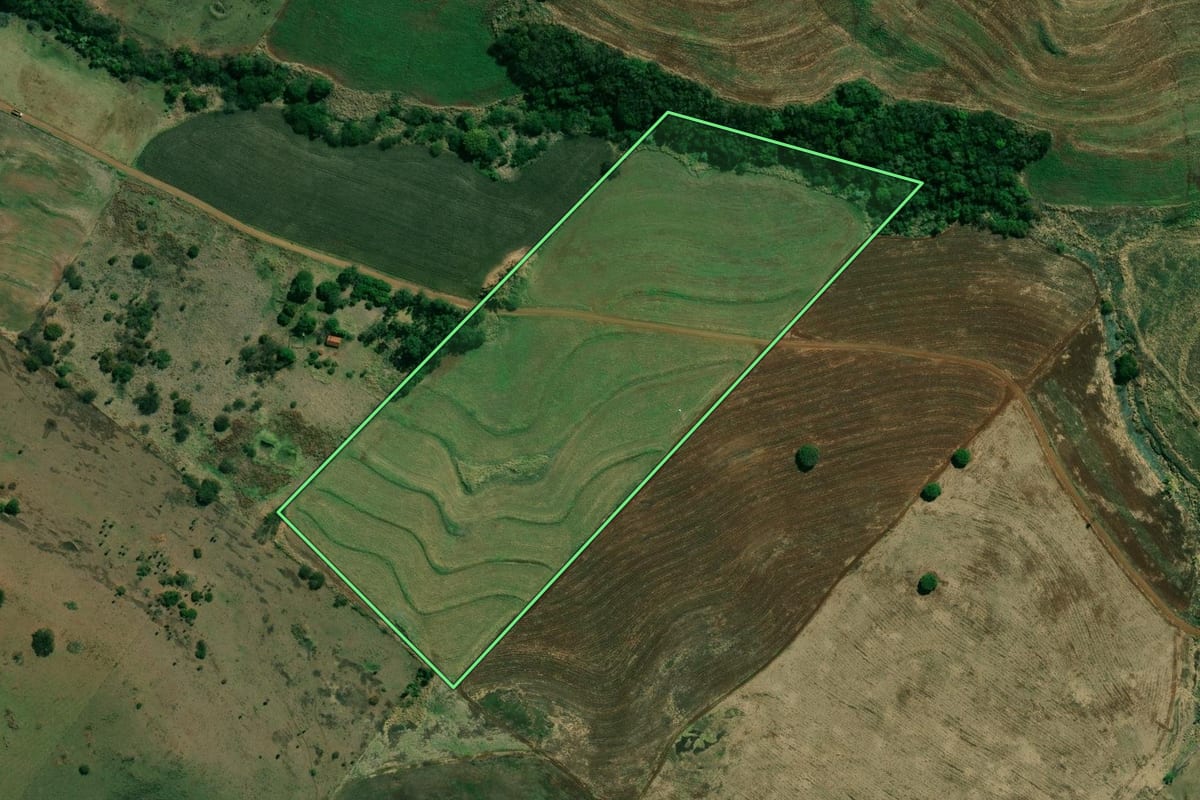 Imagem de satélite do imóvel rural em Barra do Jacaré (PR), com o contorno declarado no CAR desenhado por cima.