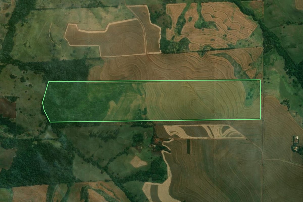 Imagem de satélite do imóvel rural em Bela Vista do Paraíso (PR), com o contorno declarado no CAR desenhado por cima.