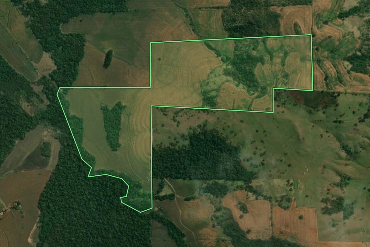 Imagem de satélite do imóvel rural em Bela Vista do Paraíso (PR), com o contorno declarado no CAR desenhado por cima.