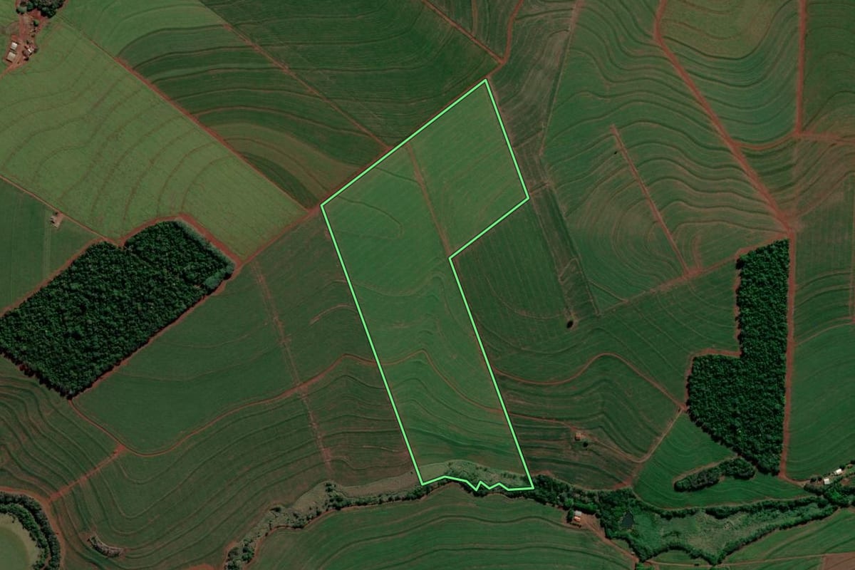Imagem de satélite do imóvel rural em Bela Vista do Paraíso (PR), com o contorno declarado no CAR desenhado por cima.