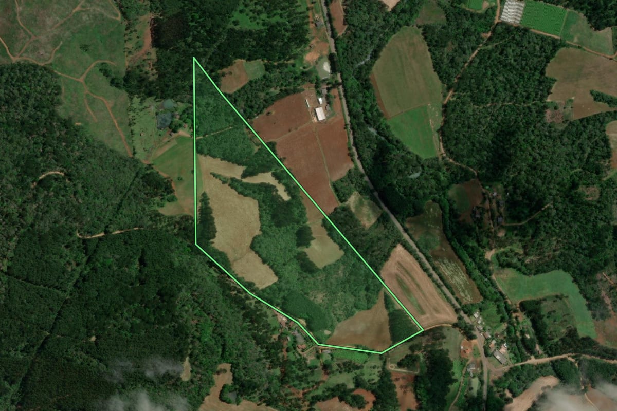 Imagem de satélite do imóvel rural em Bituruna (PR), com o contorno declarado no CAR desenhado por cima.