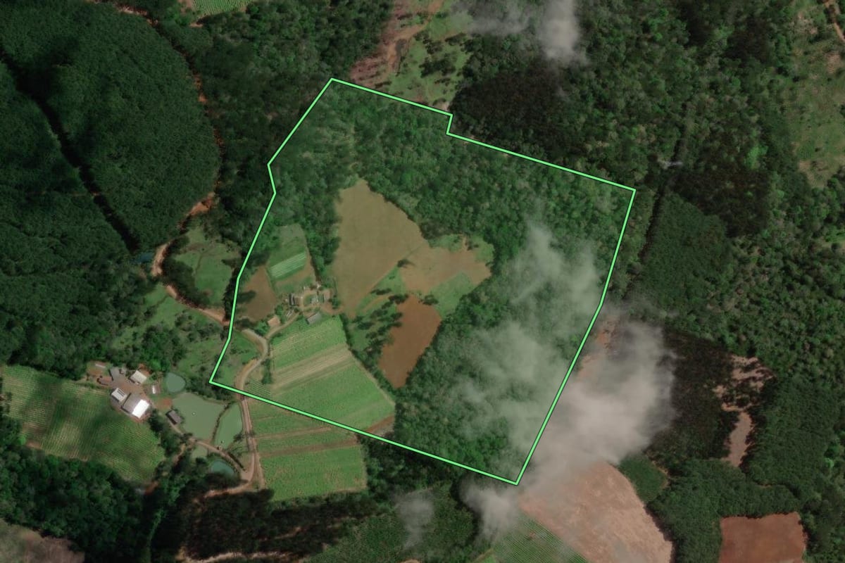 Imagem de satélite do imóvel rural em Bituruna (PR), com o contorno declarado no CAR desenhado por cima.