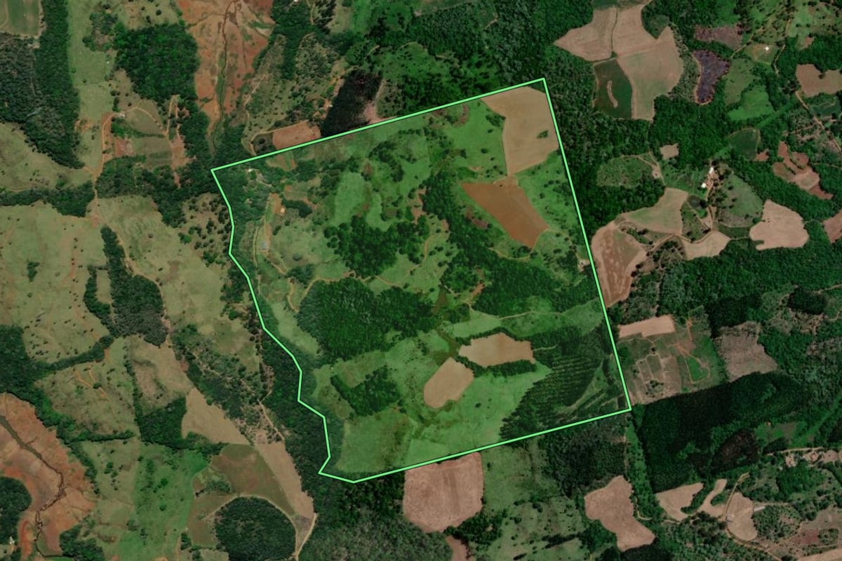 Imagem de satélite do imóvel rural em Bituruna (PR), com o contorno declarado no CAR desenhado por cima.
