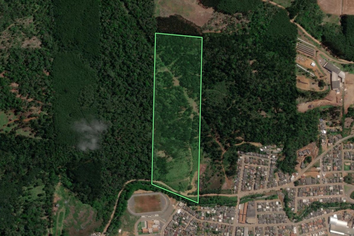 Imagem de satélite do imóvel rural em Bituruna (PR), com o contorno declarado no CAR desenhado por cima.