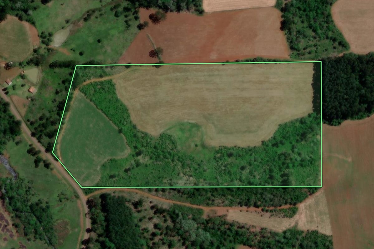 Imagem de satélite do imóvel rural em Bituruna (PR), com o contorno declarado no CAR desenhado por cima.