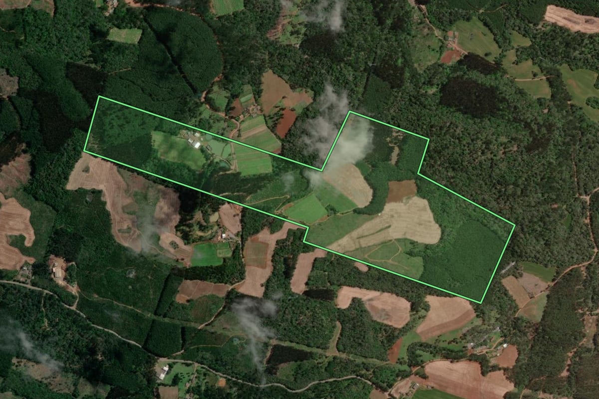 Imagem de satélite do imóvel rural em Bituruna (PR), com o contorno declarado no CAR desenhado por cima.