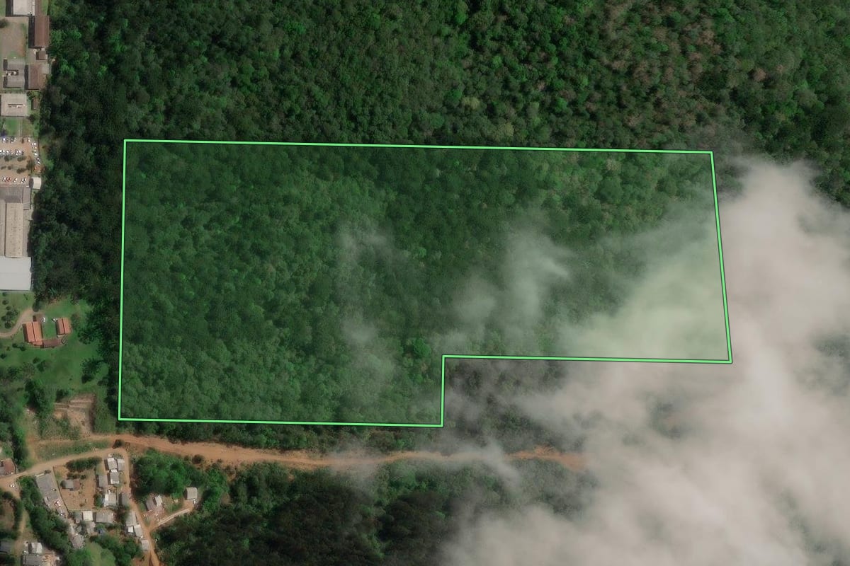 Imagem de satélite do imóvel rural em Bituruna (PR), com o contorno declarado no CAR desenhado por cima.