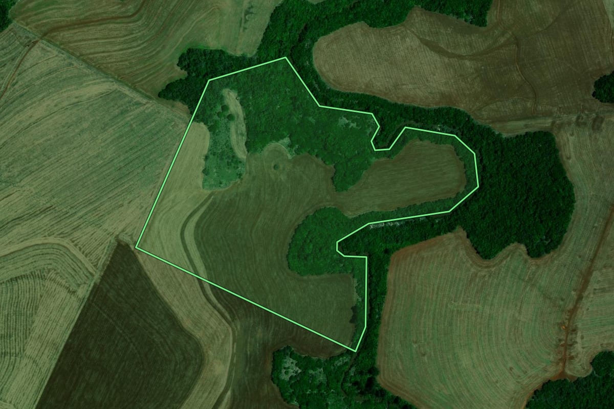 Imagem de satélite do imóvel rural em Boa Esperança (PR), com o contorno declarado no CAR desenhado por cima.