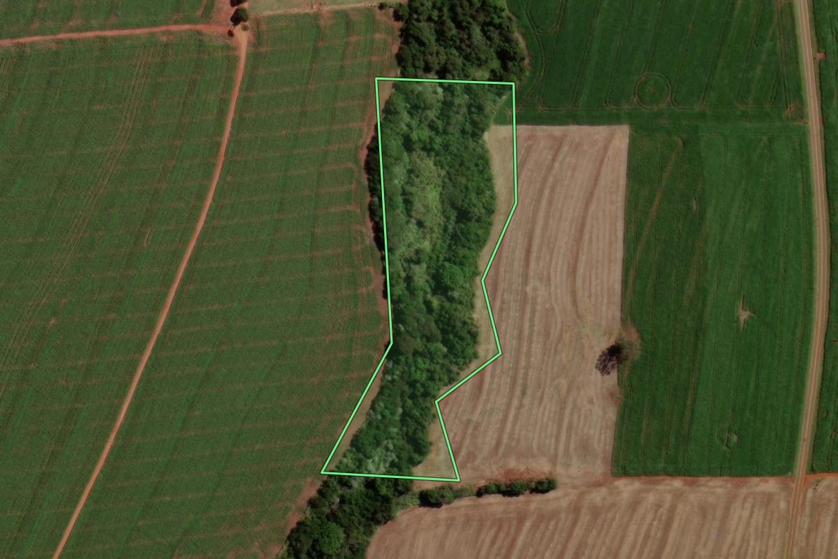 Imagem de satélite do imóvel rural em Boa Esperança (PR), com o contorno declarado no CAR desenhado por cima.