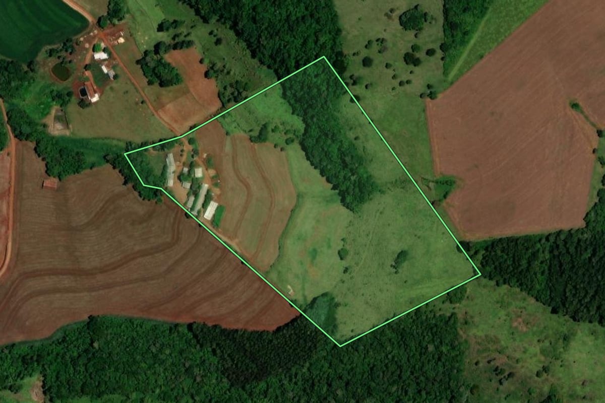 Imagem de satélite do imóvel rural em Boa Esperança do Iguaçu (PR), com o contorno declarado no CAR desenhado por cima.