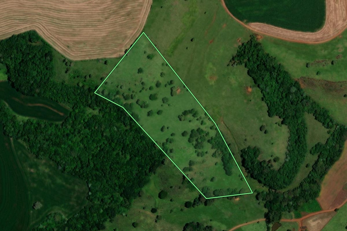 Imagem de satélite do imóvel rural em Boa Esperança do Iguaçu (PR), com o contorno declarado no CAR desenhado por cima.