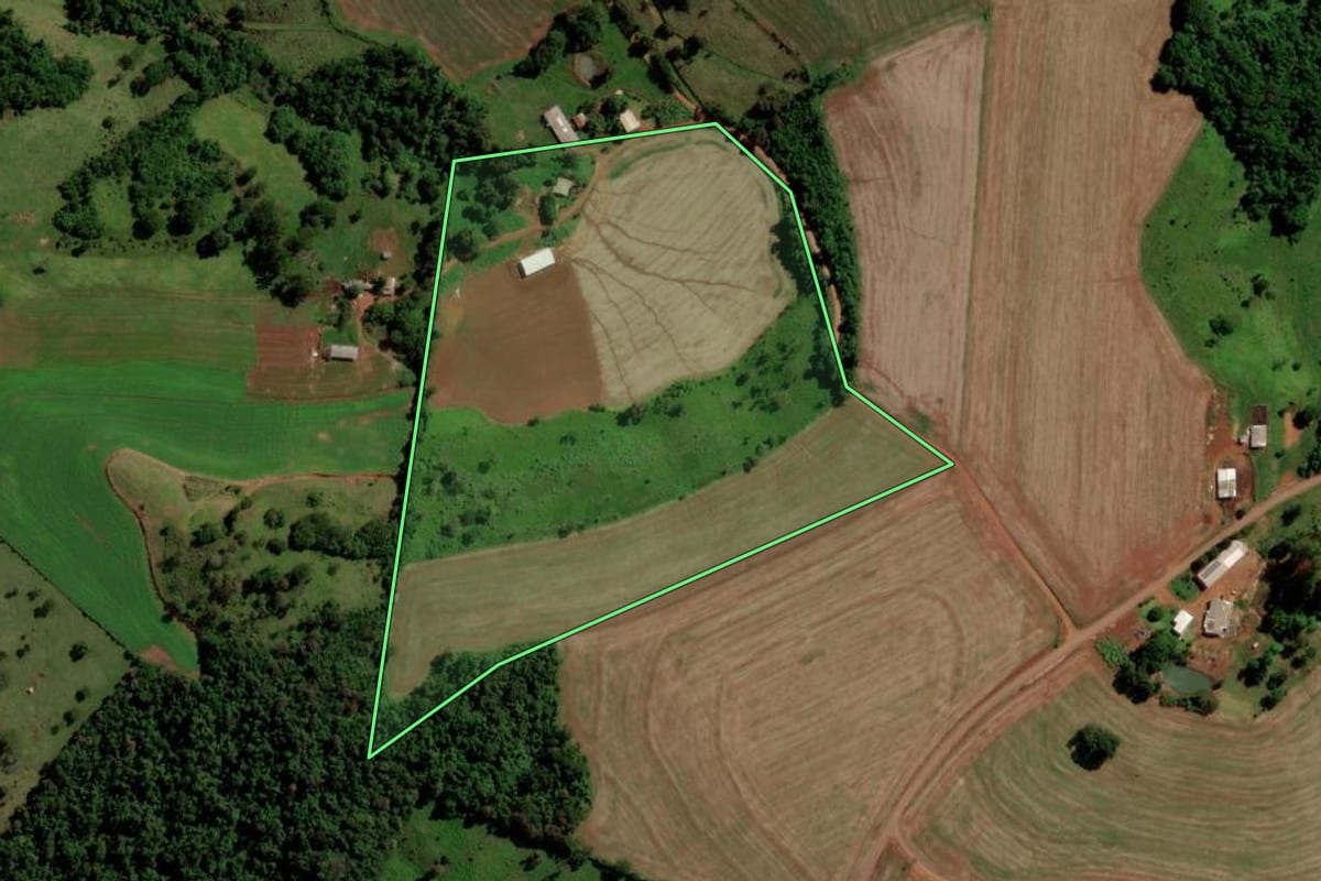 Imagem de satélite do imóvel rural em Boa Esperança do Iguaçu (PR), com o contorno declarado no CAR desenhado por cima.