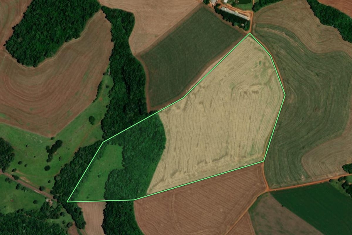 Imagem de satélite do imóvel rural em Boa Esperança do Iguaçu (PR), com o contorno declarado no CAR desenhado por cima.