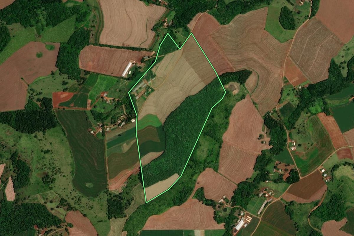 Imagem de satélite do imóvel rural em Boa Esperança do Iguaçu (PR), com o contorno declarado no CAR desenhado por cima.