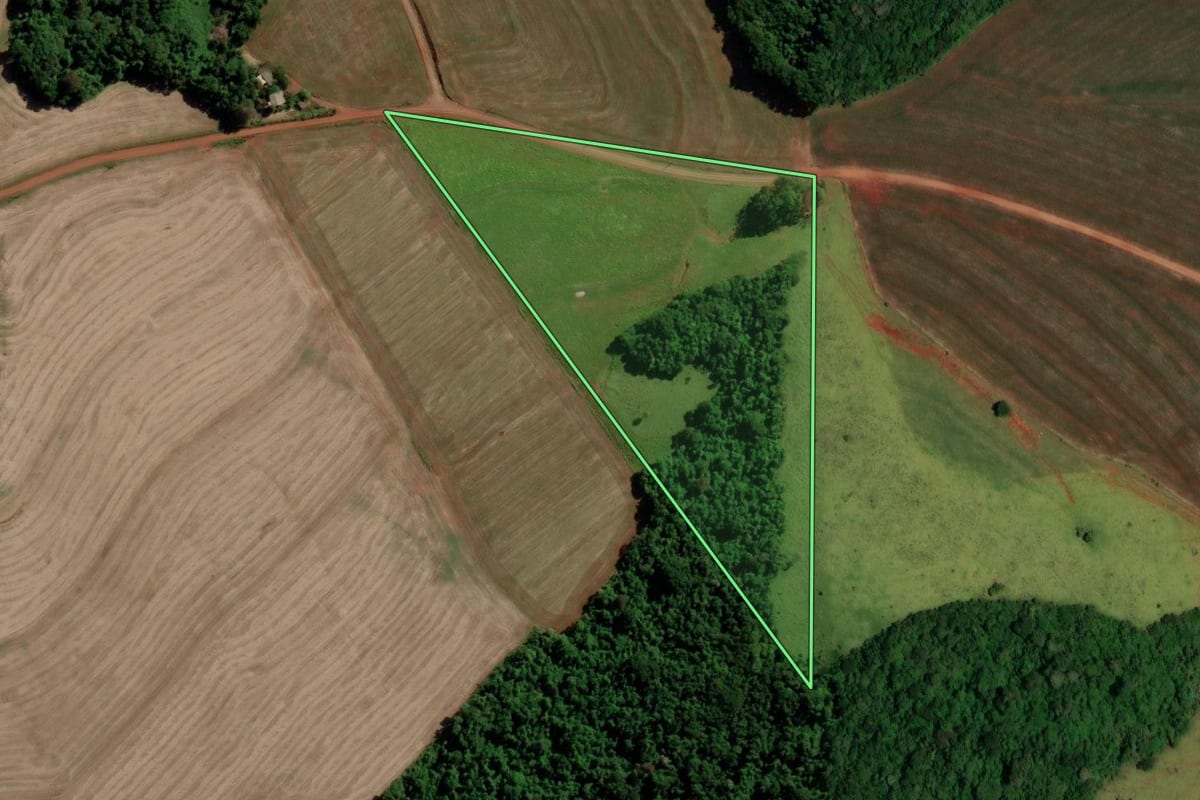 Imagem de satélite do imóvel rural em Boa Esperança do Iguaçu (PR), com o contorno declarado no CAR desenhado por cima.