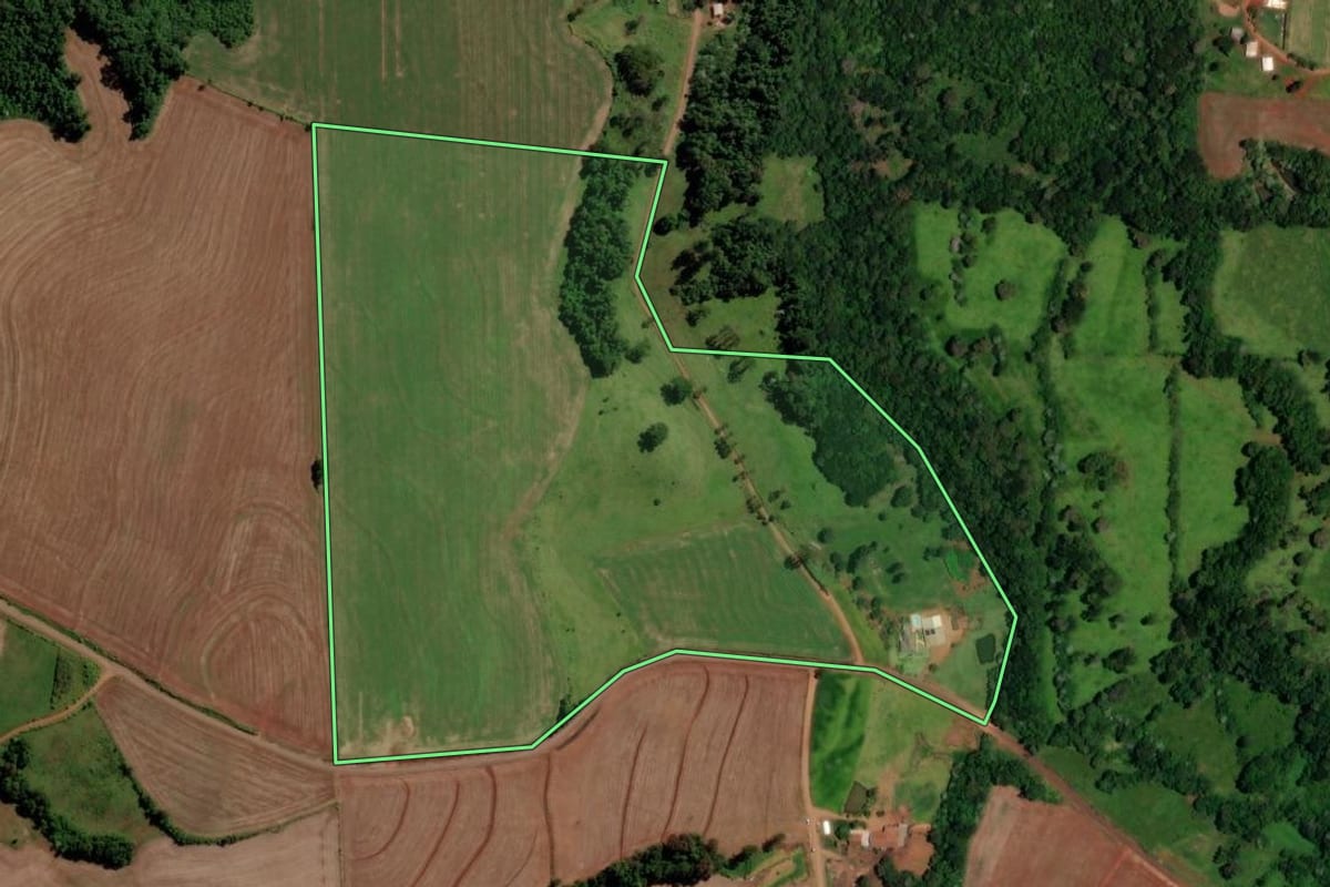 Imagem de satélite do imóvel rural em Boa Esperança do Iguaçu (PR), com o contorno declarado no CAR desenhado por cima.