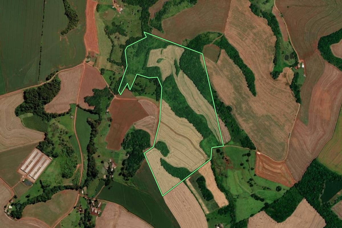 Imagem de satélite do imóvel rural em Boa Esperança do Iguaçu (PR), com o contorno declarado no CAR desenhado por cima.