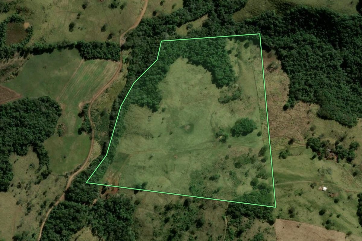 Imagem de satélite do imóvel rural em Boa Ventura de São Roque (PR), com o contorno declarado no CAR desenhado por cima.