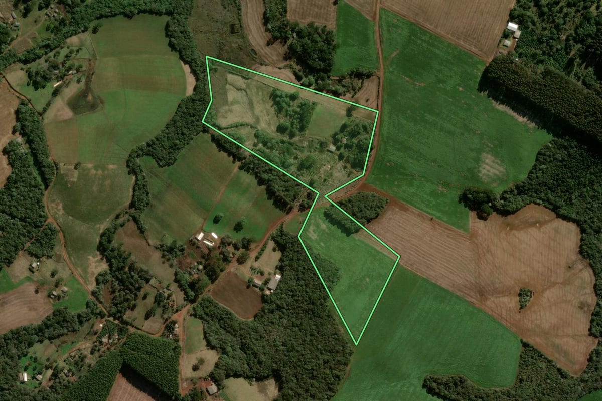Imagem de satélite do imóvel rural em Boa Ventura de São Roque (PR), com o contorno declarado no CAR desenhado por cima.