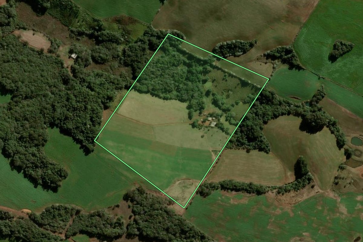 Imagem de satélite do imóvel rural em Boa Ventura de São Roque (PR), com o contorno declarado no CAR desenhado por cima.