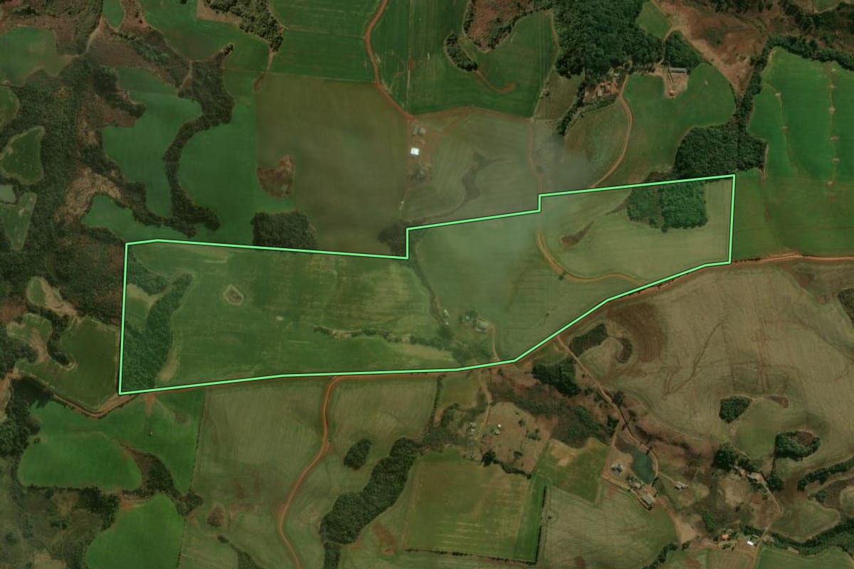 Imagem de satélite do imóvel rural em Boa Ventura de São Roque (PR), com o contorno declarado no CAR desenhado por cima.