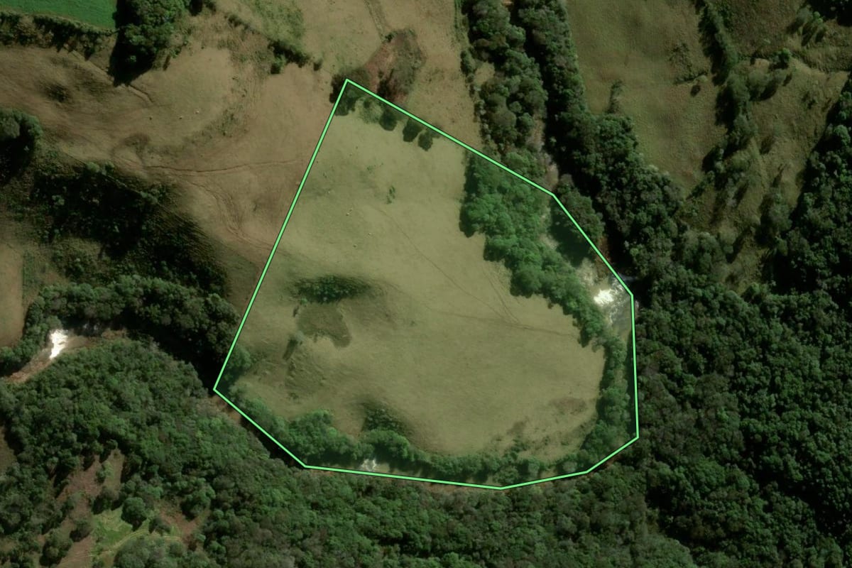 Imagem de satélite do imóvel rural em Boa Ventura de São Roque (PR), com o contorno declarado no CAR desenhado por cima.