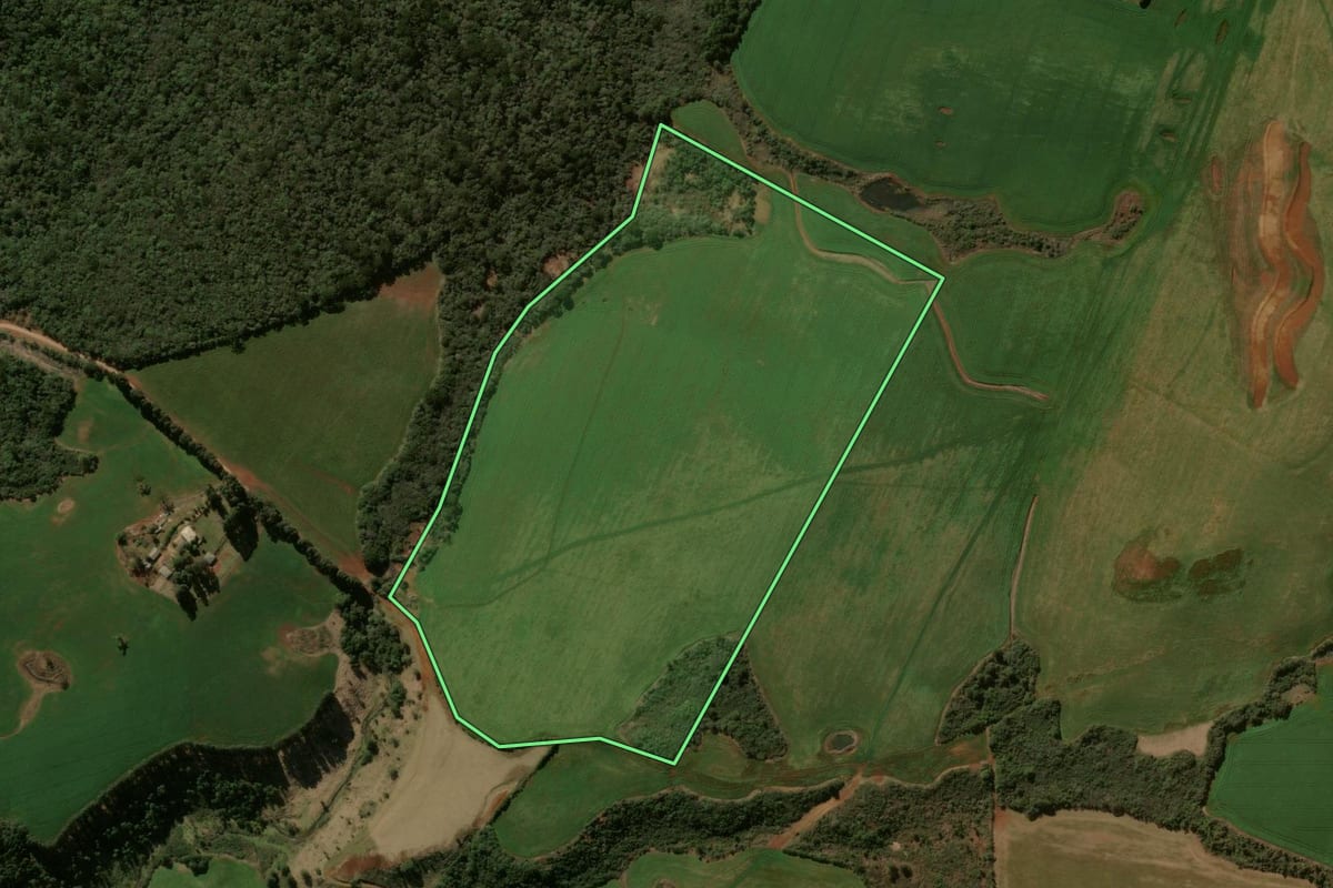 Imagem de satélite do imóvel rural em Boa Ventura de São Roque (PR), com o contorno declarado no CAR desenhado por cima.