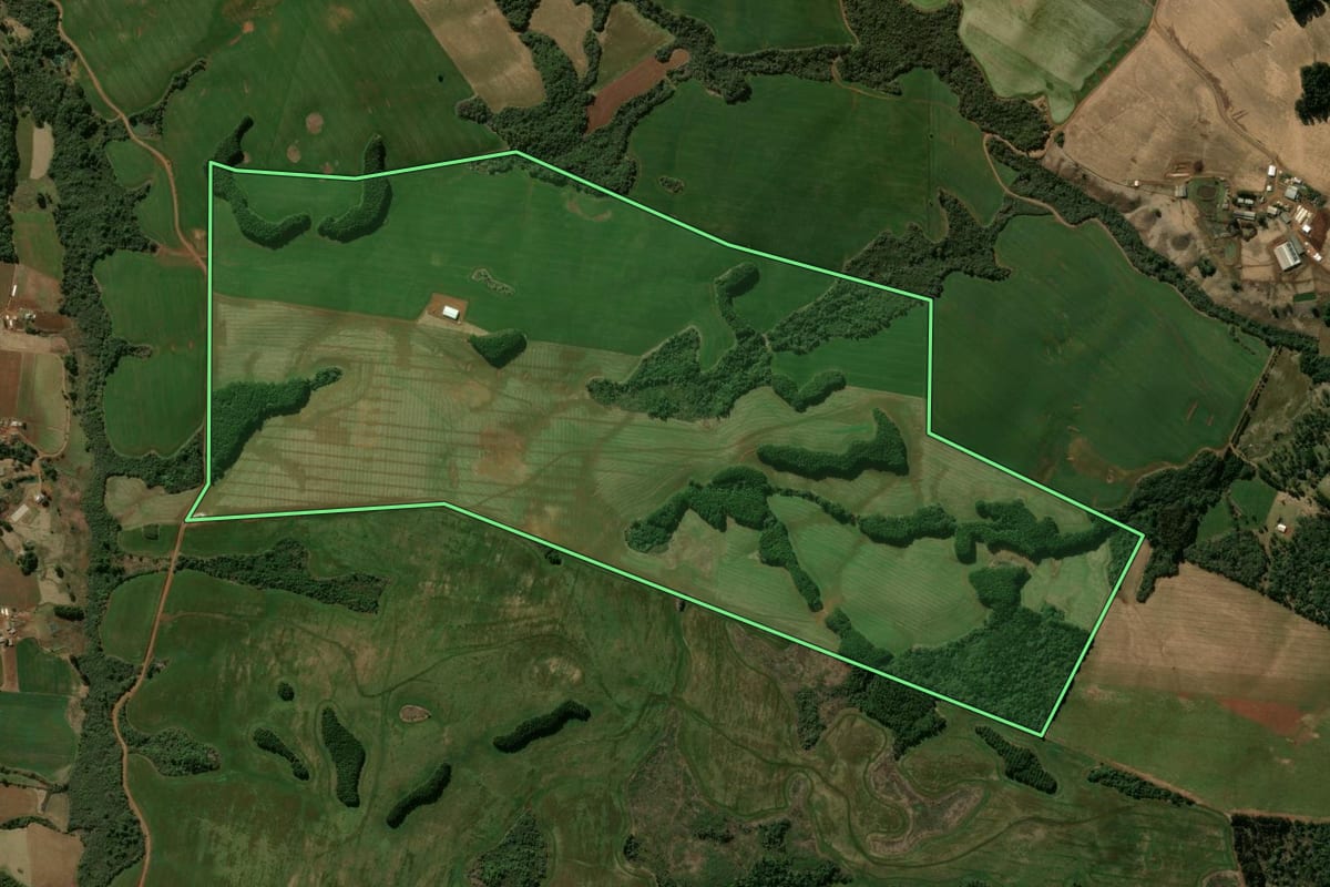 Imagem de satélite do imóvel rural em Boa Ventura de São Roque (PR), com o contorno declarado no CAR desenhado por cima.