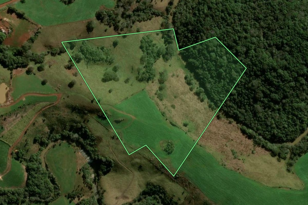 Imagem de satélite do imóvel rural em Boa Ventura de São Roque (PR), com o contorno declarado no CAR desenhado por cima.