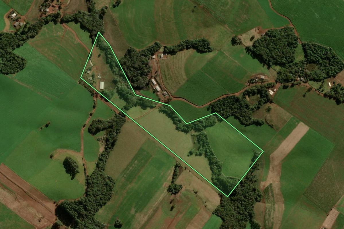 Imagem de satélite do imóvel rural em Boa Ventura de São Roque (PR), com o contorno declarado no CAR desenhado por cima.