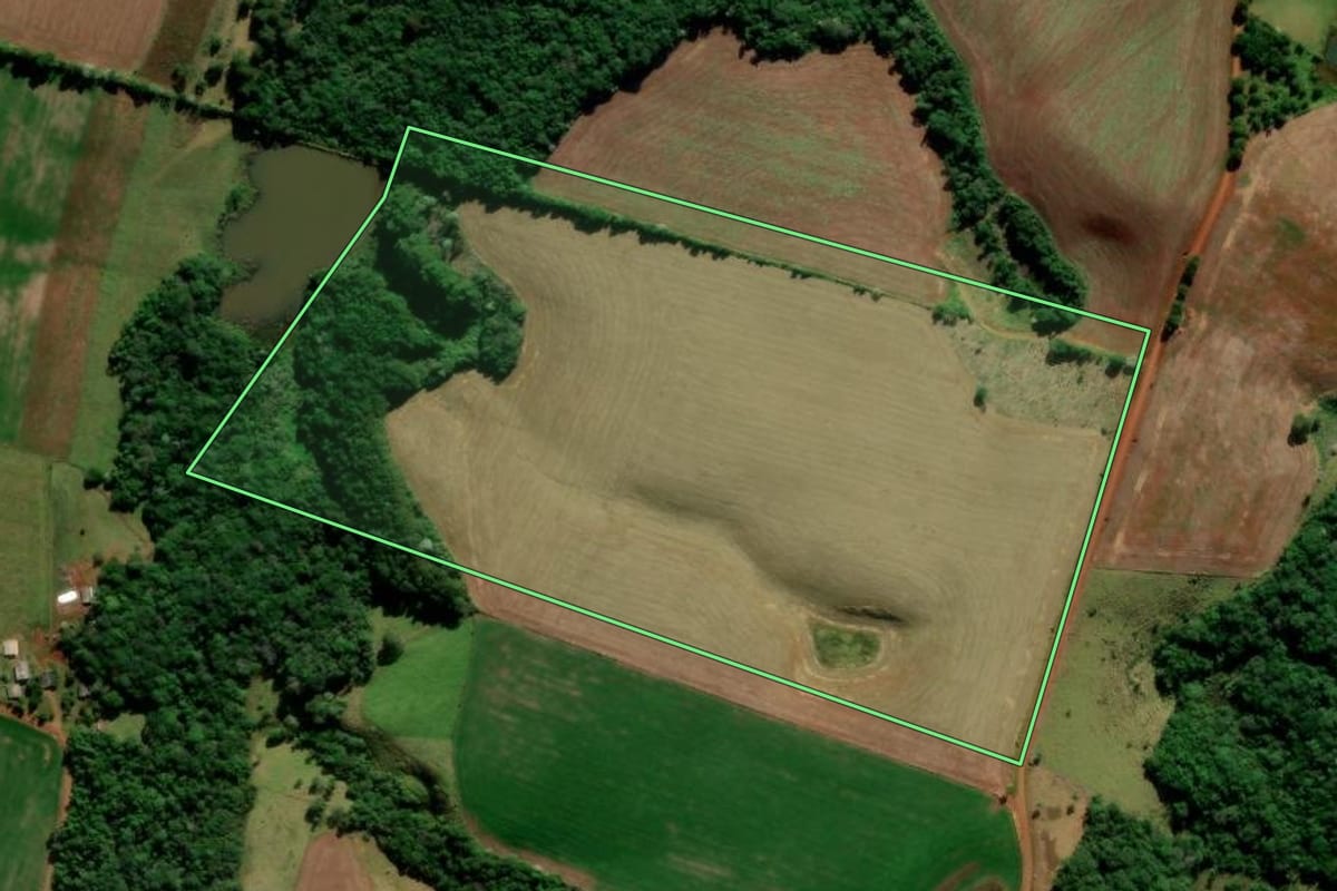 Imagem de satélite do imóvel rural em Boa Ventura de São Roque (PR), com o contorno declarado no CAR desenhado por cima.