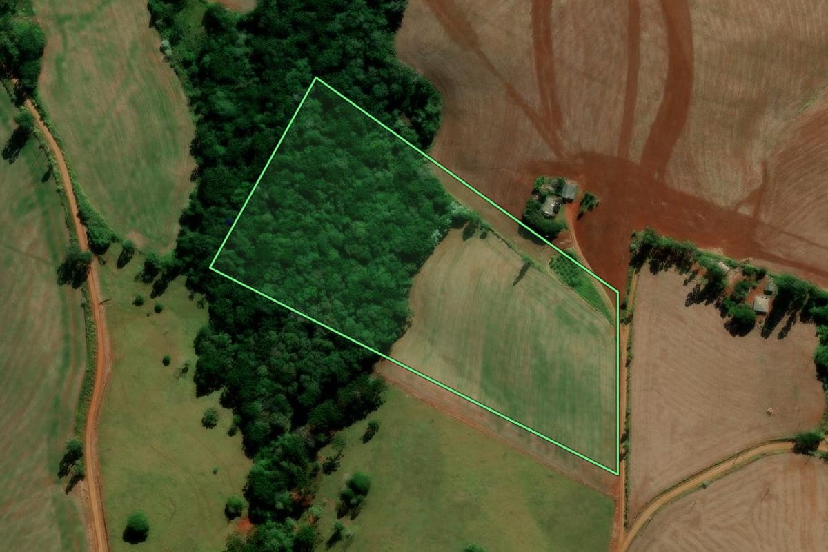 Imagem de satélite do imóvel rural em Boa Ventura de São Roque (PR), com o contorno declarado no CAR desenhado por cima.