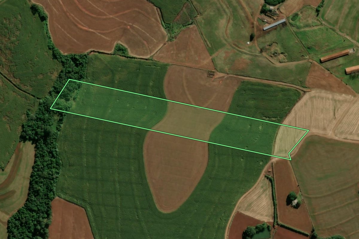 Imagem de satélite do imóvel rural em Boa Vista da Aparecida (PR), com o contorno declarado no CAR desenhado por cima.