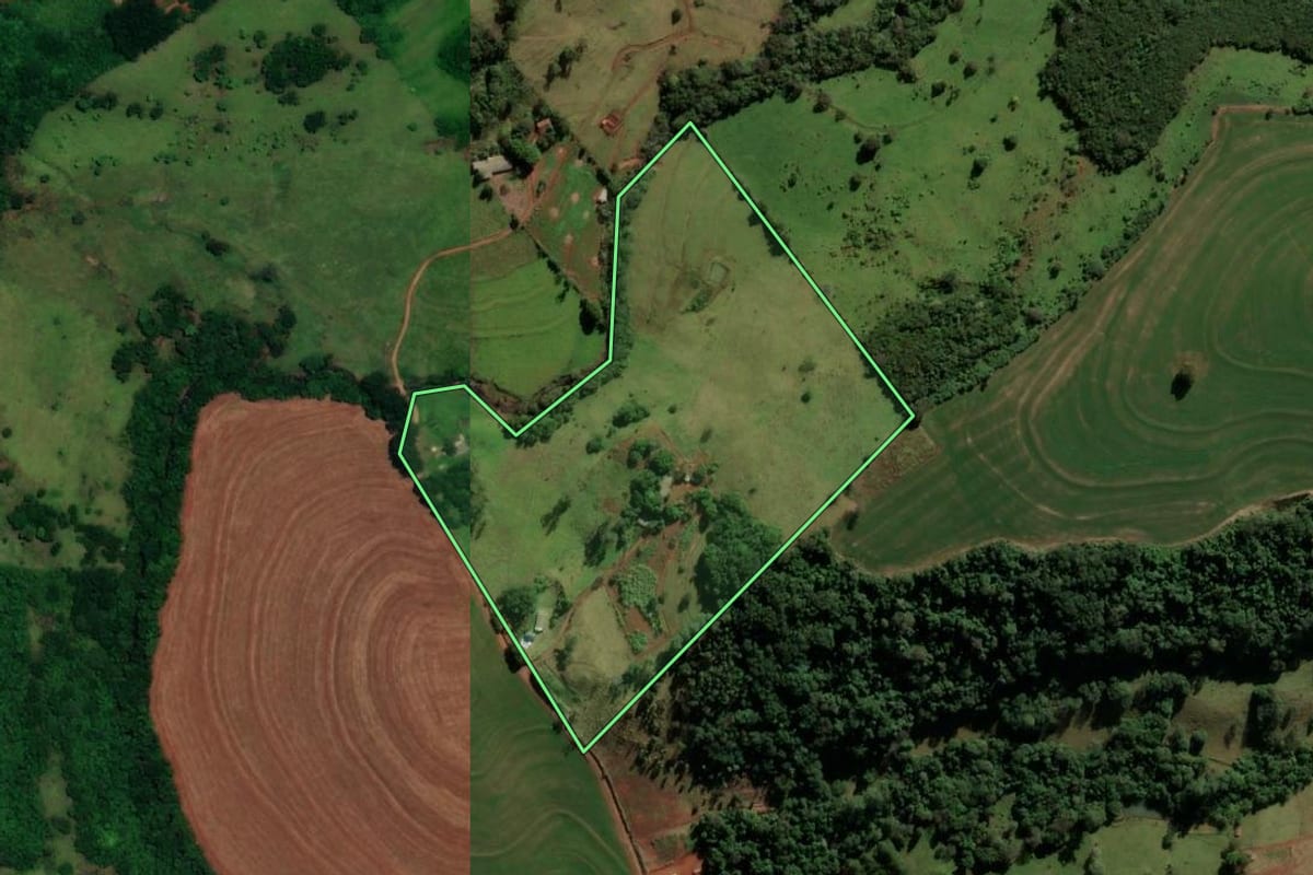 Imagem de satélite do imóvel rural em Boa Vista da Aparecida (PR), com o contorno declarado no CAR desenhado por cima.