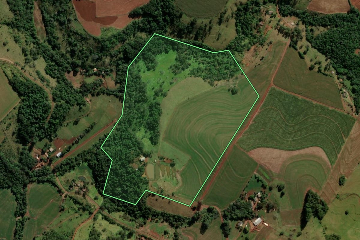 Imagem de satélite do imóvel rural em Boa Vista da Aparecida (PR), com o contorno declarado no CAR desenhado por cima.