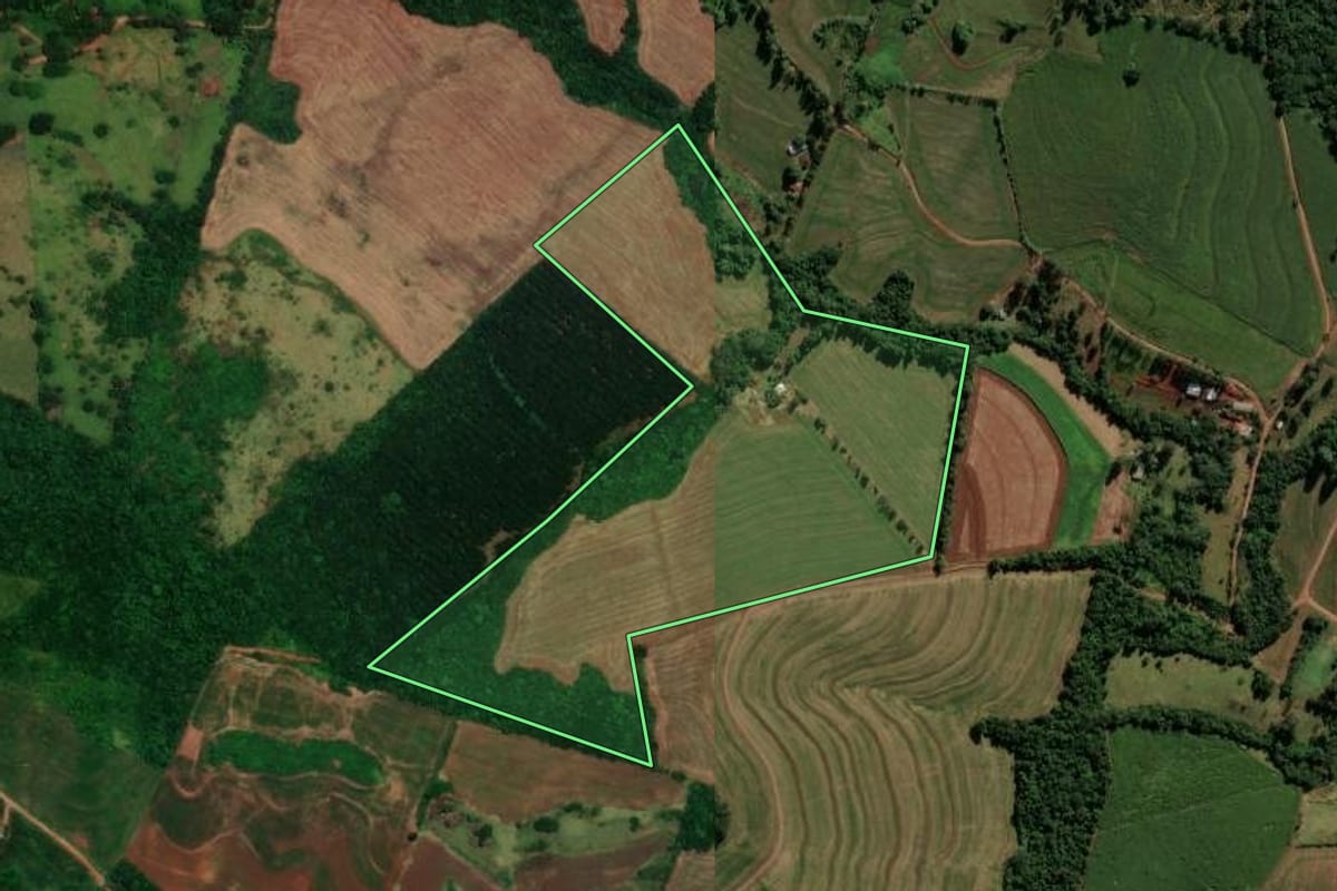 Imagem de satélite do imóvel rural em Boa Vista da Aparecida (PR), com o contorno declarado no CAR desenhado por cima.