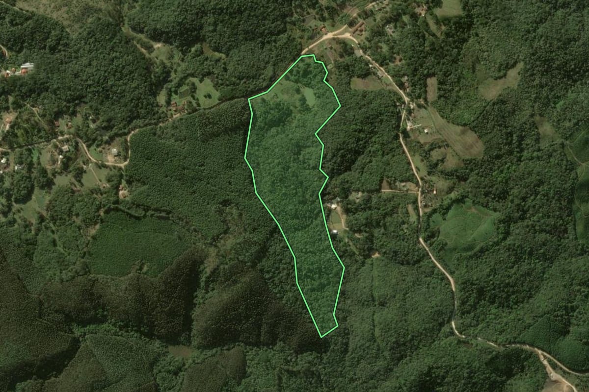 Imagem de satélite do imóvel rural em Bocaiúva do Sul (PR), com o contorno declarado no CAR desenhado por cima.