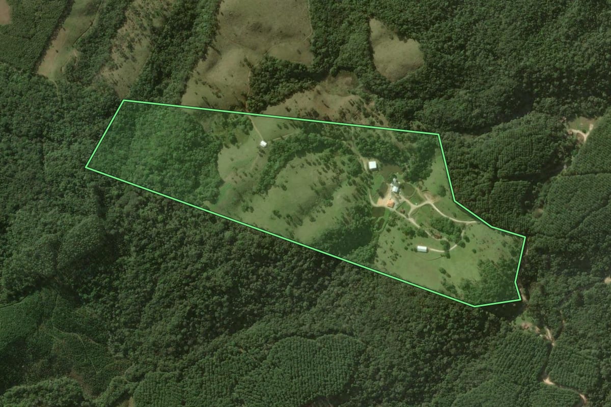 Imagem de satélite do imóvel rural em Bocaiúva do Sul (PR), com o contorno declarado no CAR desenhado por cima.