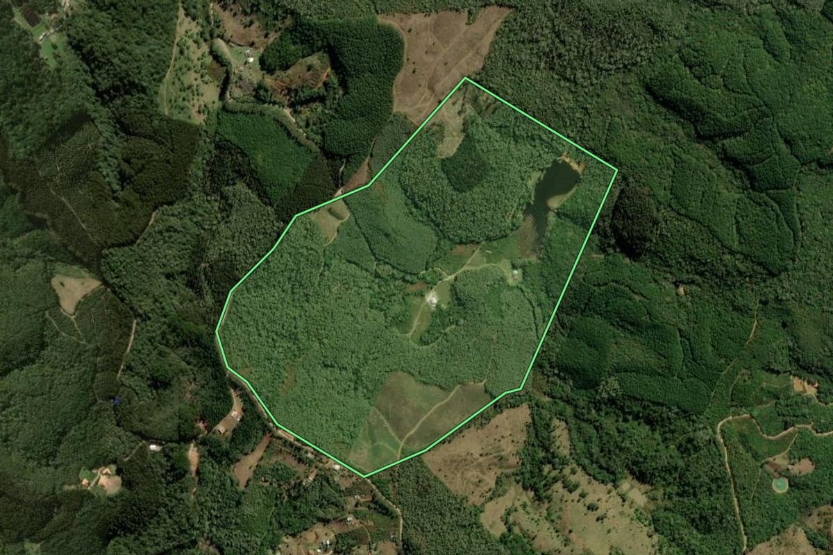 Imagem de satélite do imóvel rural em Bocaiúva do Sul (PR), com o contorno declarado no CAR desenhado por cima.