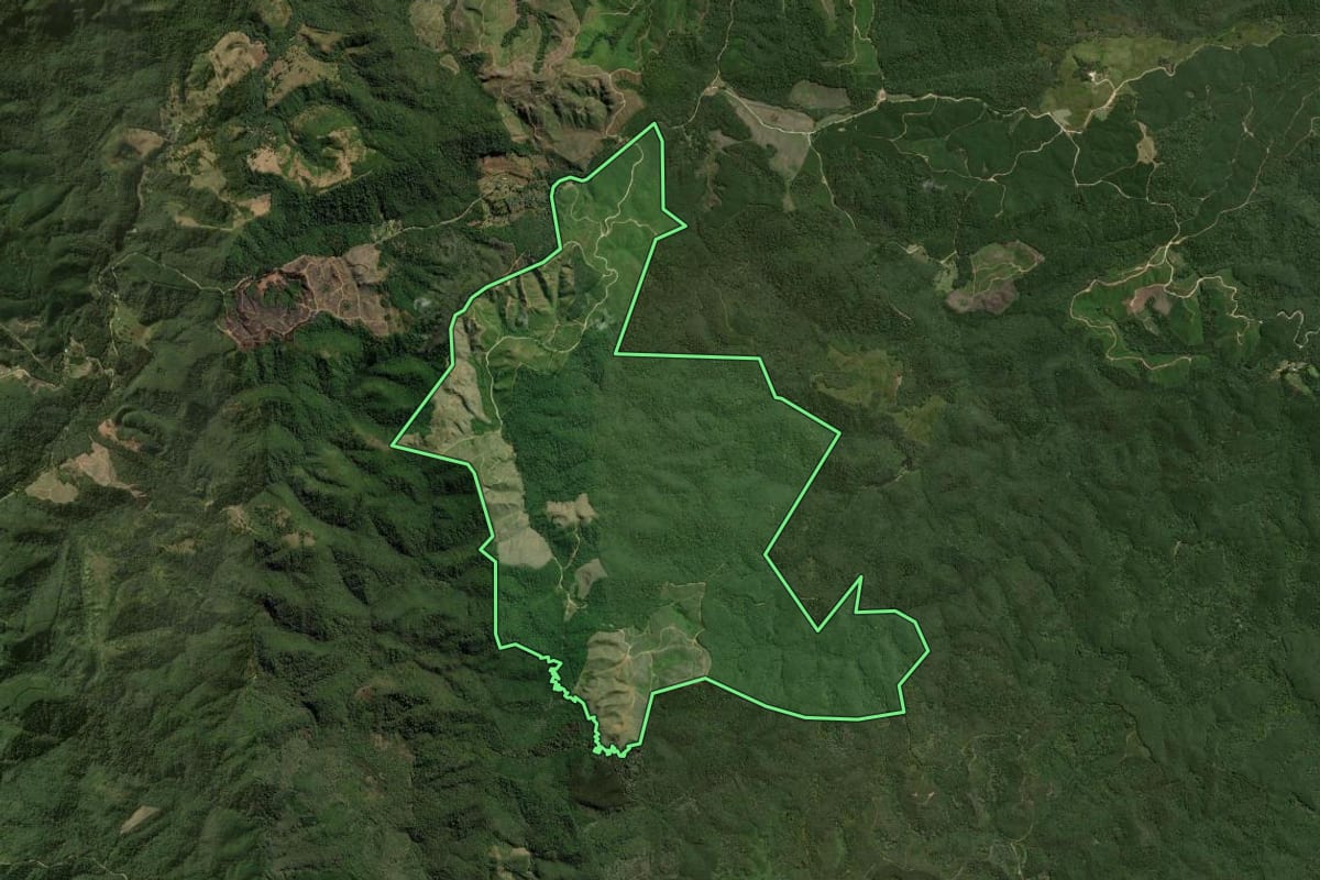 Imagem de satélite do imóvel rural em Bocaiúva do Sul (PR), com o contorno declarado no CAR desenhado por cima.
